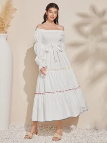 Seusyu Robe À Manches Volantées Et Bordure À Volants Pour Femme - Blanc - Voir 1