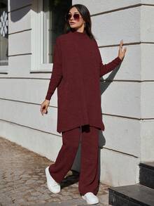 SHEIN Cottnline Solid Color Long Sweater And Knitted Pants Two Piece Set - Burgundy - View 6