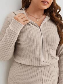 SHEIN Frenchy 大尺碼純色弧形針織連帽連身衣 - 杏色 - 查看 5