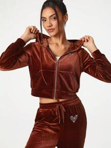 Alexandra Five 女式心形鑽石裝飾拉鍊前帶束口帽夾克,修身版型 - 咖啡棕 - 查看 4