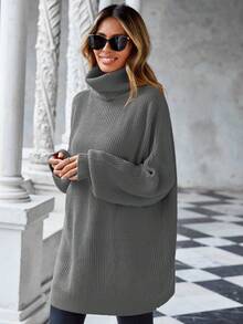 EURMUSE Women'S High Neck Drop Shoulder Long Sleeve Sweater - Grey - View 3