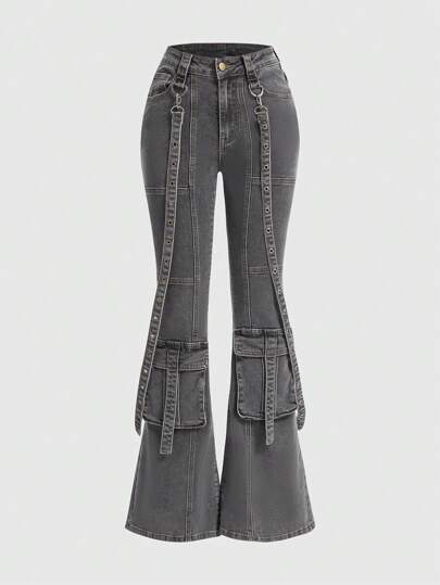 Grunge Punk Heavy Metal Punk Styled Jeans Featuring D-Ring, Eyelet Decoration, Industrial Fashion And Flared Hem, Cut And Stitched Pocket Design, School