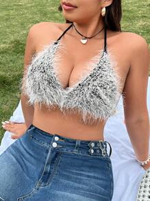 Flirla Plus Size Women'S Furry Collar Knitted Sweater - Black and White - View 1