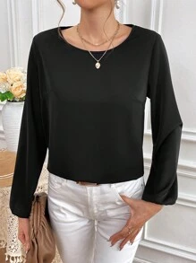 SHEIN Frenchy Comfortable And Skin Friendly Satin Fabric, With A Romantic And Elegant Lace Back Stitching Design, And A Versatile Black Pullover Top