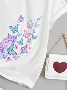 SHEIN Tween Mädchen-t-shirt Mit Schmetterlingsdruck, Lässig, Einfach, Kurzärmelig