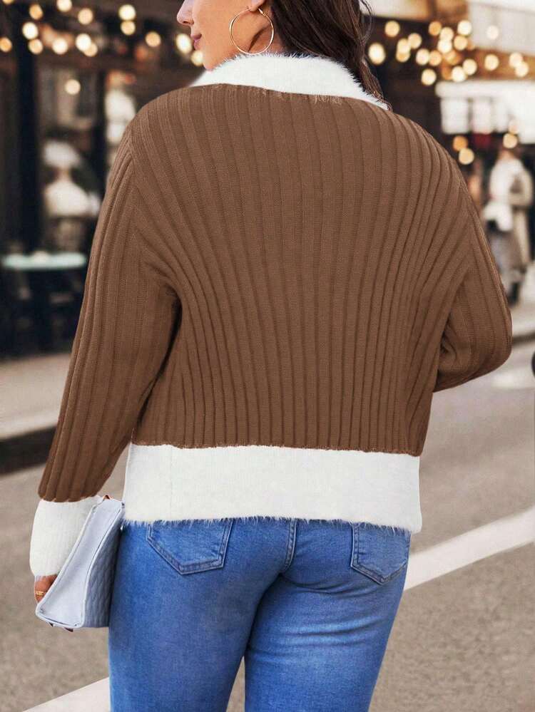 Women'S Plus Size Contrast Color Zipper Cardigan Sweater Fall Cloth For Women