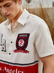 Manfinity VCAY Camisa de tejido con estampado de letras de color contrastante, corte holgado para hombre