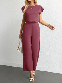 Firerie Ensemble De Deux Pièces: T-shirt À Col Rond Et Pantalon Large Pour Femmes De Couleur Unie - Fushia - Voir 2