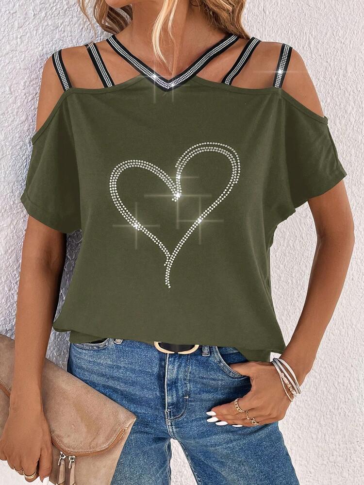 Women's Rhinestone Heart-Shaped Hollow Out Short Sleeve T-Shirt