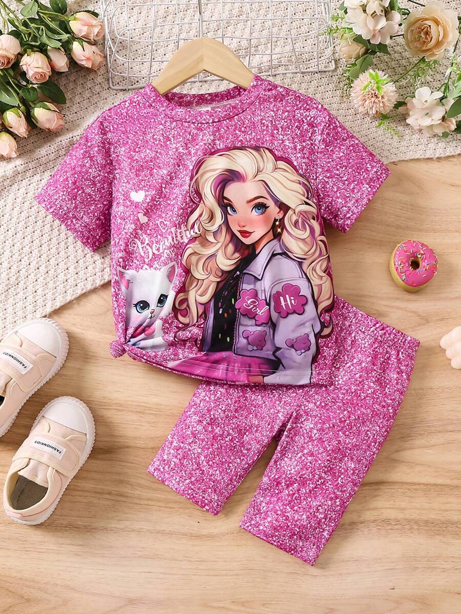 SHEIN Bé gái Mèo Và Cô gái In Ngắn tay Áo thun Và Bộ quần short - Nhiều màu - Xem 1