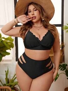 SHEIN Swim Curve 大码女式镂空泳装比基尼泳裤 - 黑色 - 查看 5