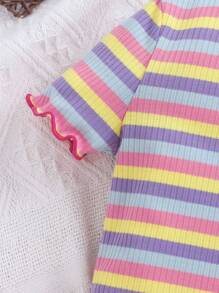 SHEIN Young Girl Daily Sweet And Cool Striped Round Neck Short-Sleeved Top And Skirt