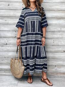 EMERY ROSE 女士大尺碼條紋和幾何圖案設計長款夏季連衣裙,配有喇叭袖子,適合度假穿著