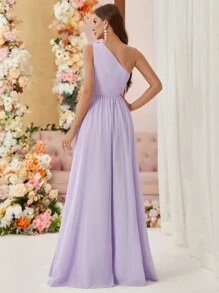 SHEIN Belle Váy dài một vai dành cho nữ Váy dài bằng vải chiffon xếp li xiên trang trí hoa oải hương chảy và thân thiện với làn da Váy phù dâu bằng vải voan thoải mái - Màu tím hoa cà - Xem 2