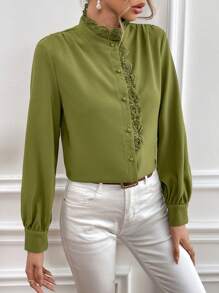 SHEIN Frenchy Women'S Lace Splice Long Sleeve Shirt - Army Green - View 5