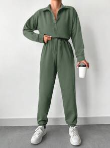 EURMUSE Women's Half Zipper Sweatshirt And Joggers Set - Army Green - View 6
