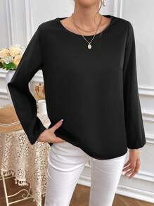 SHEIN Frenchy Comfortable And Skin Friendly Satin Fabric, With A Romantic And Elegant Lace Back Stitching Design, And A Versatile Black Pullover Top