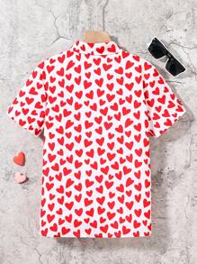 SHEIN Tween Boys' Casual Heart Printed Short Sleeve Shirt