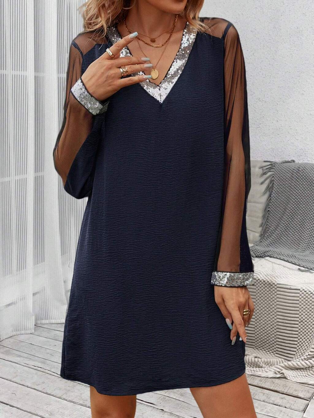 Women'S Glitter Mesh Contrast Long Sleeve Dress