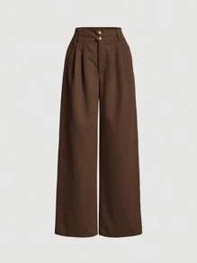 SHEIN MOD Women'S Solid Color Button Detail Folded Wide Leg Pants - Brown - View 1