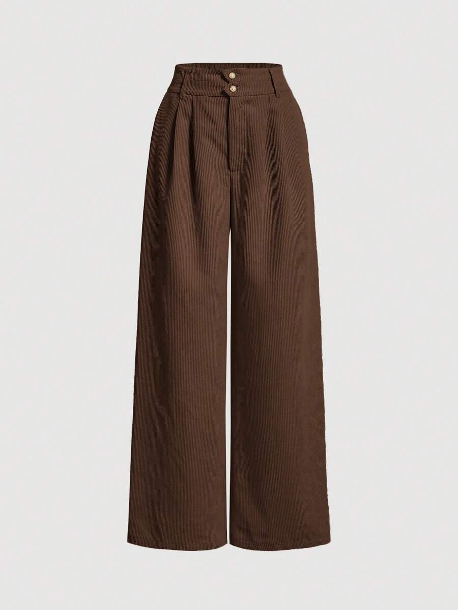 SHEIN MOD Women'S Solid Color Button Detail Folded Wide Leg Pants - Brown - View 1