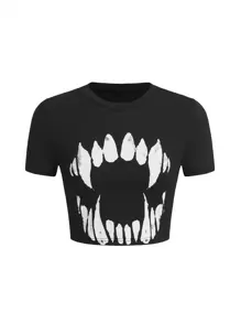 ROMWE Goth Camiseta corta con estampado gráfico, para la escuela - Negro - Ver 2