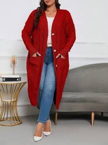 SHEIN LUNE Suéter En Cardigan Largo Para Mujer De Talla Grande Con Cierre De Botones Y Color Sólido - Rojo - Ver 5