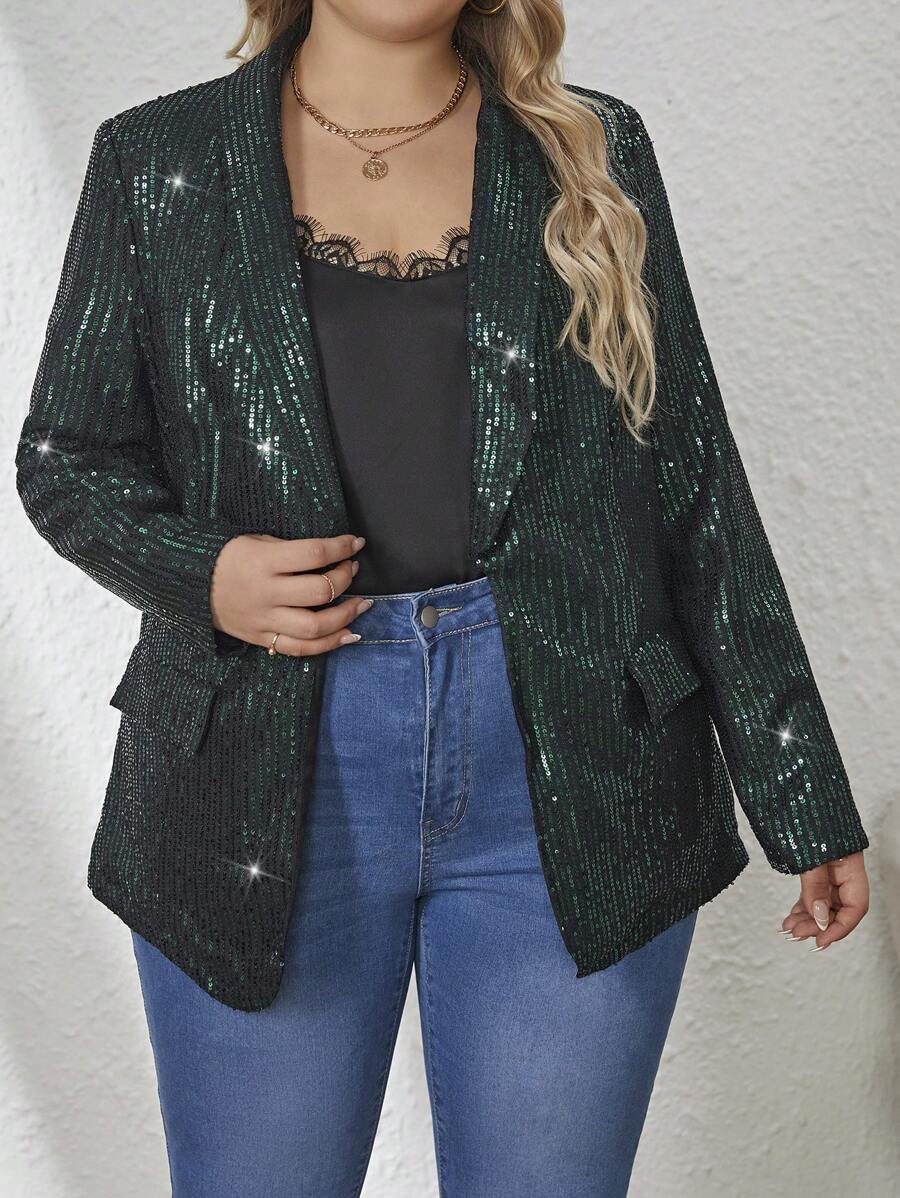 SHEIN Clasi Plus Size Shiny Lapel Sequin Blazer Jacket - Dark Green - View 1