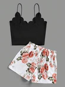 SHEIN VCAY Shell Edge Decorated Spaghetti Strap Tank Top And Floral Shorts 2pcs/Set - Black and White - View 2