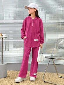 SHEIN 女大童字母貼布落肩袖連帽衫和褲子 - 玫紅色 - 查看 5