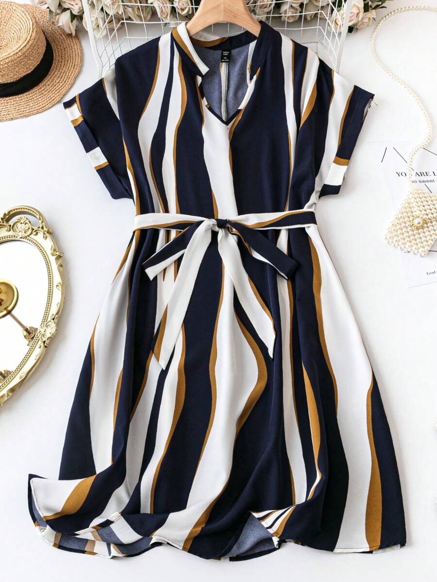 SHEIN Unity Women's Plus Size Striped Notched Neck Short Sleeve Dress, For Summer - Navy Blue - View 1