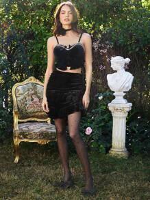Enchnt Women'S Three-Dimensional Flower Decorated Suede Skirt - Black - View 4