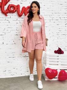 SHEIN LUNE 大碼女性粉色休閒襯衫和短褲,春夏寬鬆日常/家居服裝套裝 - 淺粉色 - 查看 3
