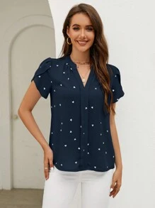 SHEIN Clasi Short Sleeve Embroidered Notched Neck Printed Casual Daily Summer Top Mother Day - Navy Blue - View 4