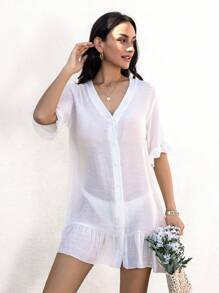 SHEIN Swim 1件v領擺蕾絲kimono裙 - 白色 - 查看 3