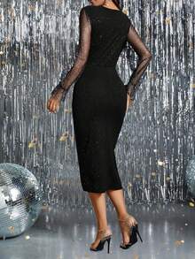 Vestido De Coquetel Com Malha Transparente, Manga Longa Com Lantejoulas E Divisão Lateral Para Mulheres - Preto - Ver 2