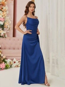 SHEIN Belle 褶皺、開衩、飄帶和細肩帶伴娘禮服 - 藍色 - 查看 5