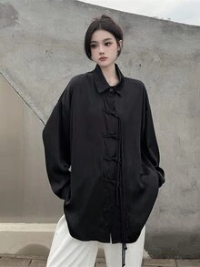 New Chinese Style Stand Collar Long Sleeve Drop Shoulder Shirt With Button Placket - Black - View 7