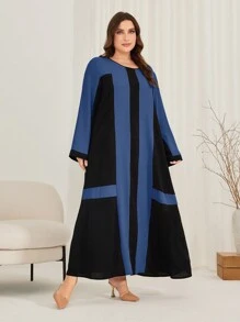Al Najma Plus Size Women's Contrast Color Round Neck Long Sleeve Dress - Blue - View 3