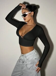 SHEIN ICON Y2k  Fitted T Shirt Fall Women Outfits Women's Solid Color Fashionable Sexy Deep V Metallic Trim Backless Tie Cuff Skinny T-Shirt