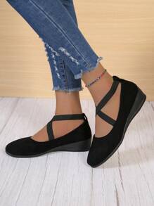 Elegant Black Court Wedge Shoes For Women, Cross Strap Faux Suede Shoes