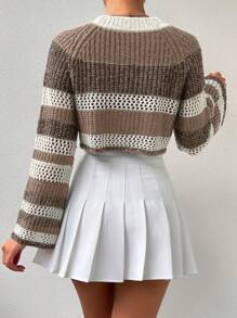 Flirla Women's Color Block Striped Round Neck Raglan Sleeve Casual Knit Pullover Fall Winter Sweater - Mocha Brown - View 2