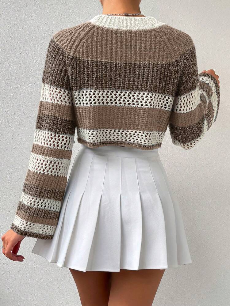 Women's Color Block Striped Round Neck Raglan Sleeve Casual Knit Pullover Fall Winter Sweater