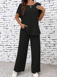 EMERY ROSE Women's Solid Color Ribbed Round Neck T-Shirt And Wide Leg Pants 2pcs Set - Black - View 3