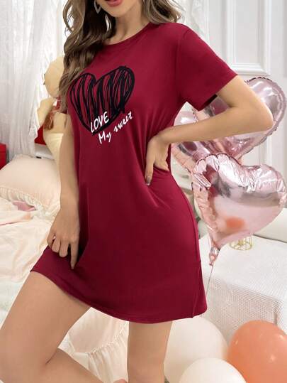 Zwart Heart Wit Letter Print Pajama Night Dress Bridallingerie