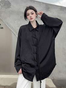 New Chinese Style Stand Collar Long Sleeve Drop Shoulder Shirt With Button Placket - Black - View 8