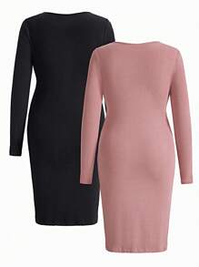 SHEIN Maternity Twist-Front Ribbed Bodycon Dress - Multicolor - View 2