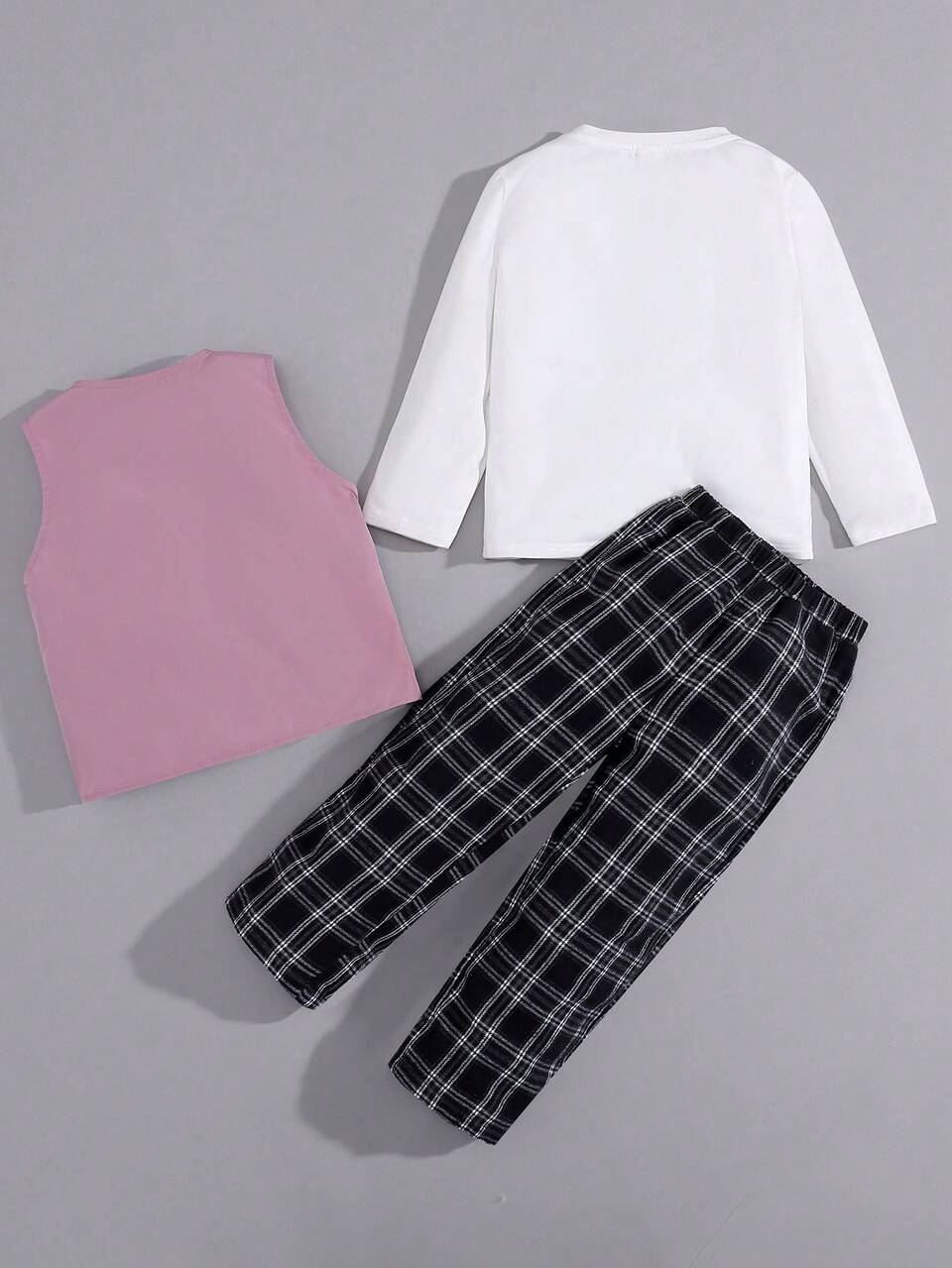 3pcs/set Toddler Boys' Solid Color Long Sleeve Top With Workwear-inspired Pocket, Sleeveless Vest And Plaid Straight Pants