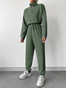 EURMUSE Women's Half Zipper Sweatshirt And Joggers Set - Army Green - View 5