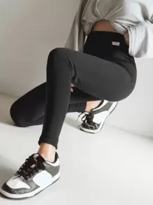 DAZY 字母拼接细节打底裤 秋季紧身裤 - 黑色 - 查看 1